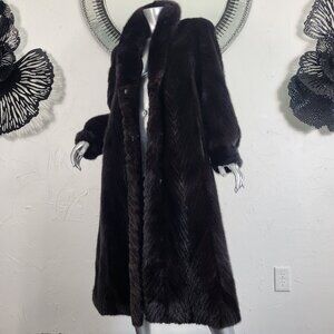 VINTAGE~XL~RANCH BROWN MAHOGANY CHEVRON GENUINE REAL FULL LENGTH MINK FUR COAT
